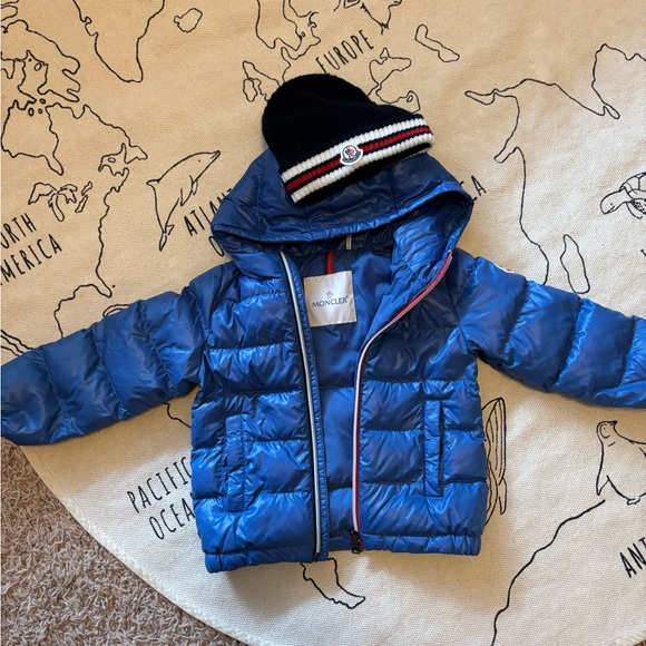 Moncler Shiny Blue Jacket with Striped Hat - Picture 1 of 11